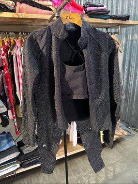FABLETICS 3-Piece Active Set - Sparkle Black Jacket, Leggings & Crop M-L